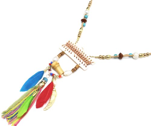 Sautoir-Collier-Pendentif-Y-Nacre-Blanc-avec-Fil-Tresse-Perles-et-Plumes-Multicolore