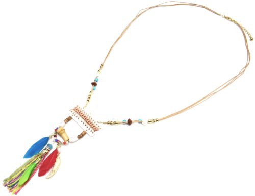 Sautoir-Collier-Pendentif-Y-Nacre-Blanc-avec-Fil-Tresse-Perles-et-Plumes-Multicolore