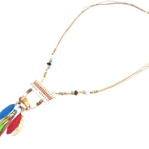 Sautoir-Collier-Pendentif-Y-Nacre-Blanc-avec-Fil-Tresse-Perles-et-Plumes-Multicolore