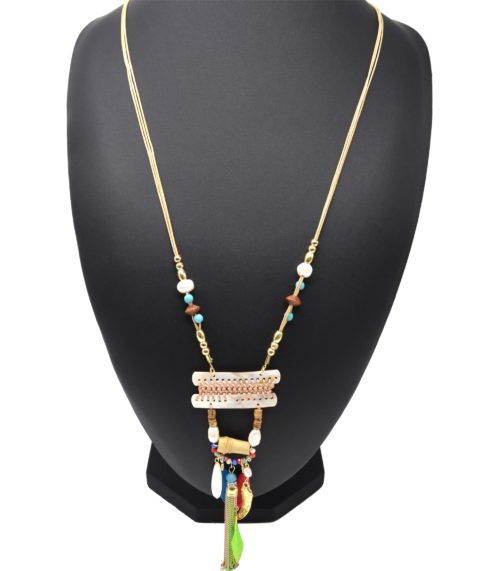 Sautoir-Collier-Pendentif-Y-Nacre-Blanc-avec-Fil-Tresse-Perles-et-Plumes-Multicolore