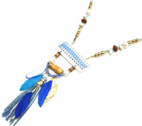 Sautoir-Collier-Pendentif-Y-Nacre-Blanc-avec-Fil-Tresse-Perles-et-Plumes-Bleu