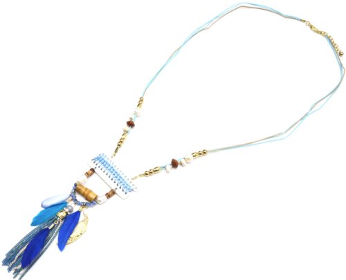 Sautoir-Collier-Pendentif-Y-Nacre-Blanc-avec-Fil-Tresse-Perles-et-Plumes-Bleu