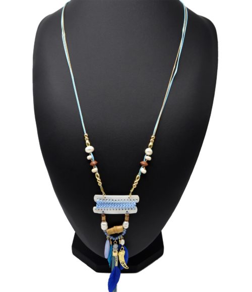 Sautoir-Collier-Pendentif-Y-Nacre-Blanc-avec-Fil-Tresse-Perles-et-Plumes-Bleu