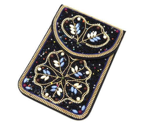 Mini-Pochette-Sac-Bandouliere-avec-Motif-Fleur-Pierres-et-Perles-Rocaille-Noir