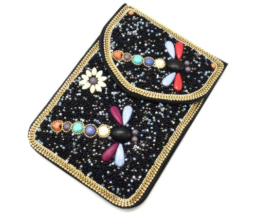 Mini-Pochette-Sac-Bandouliere-avec-Libellules-Pierres-et-Perles-Rocaille-Noir