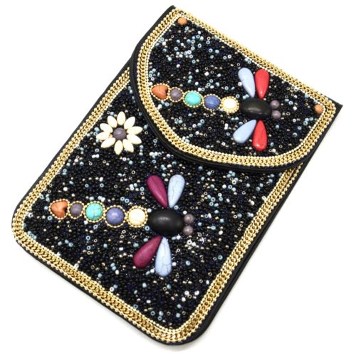 Mini-Pochette-Sac-Bandouliere-avec-Libellules-Pierres-et-Perles-Rocaille-Noir