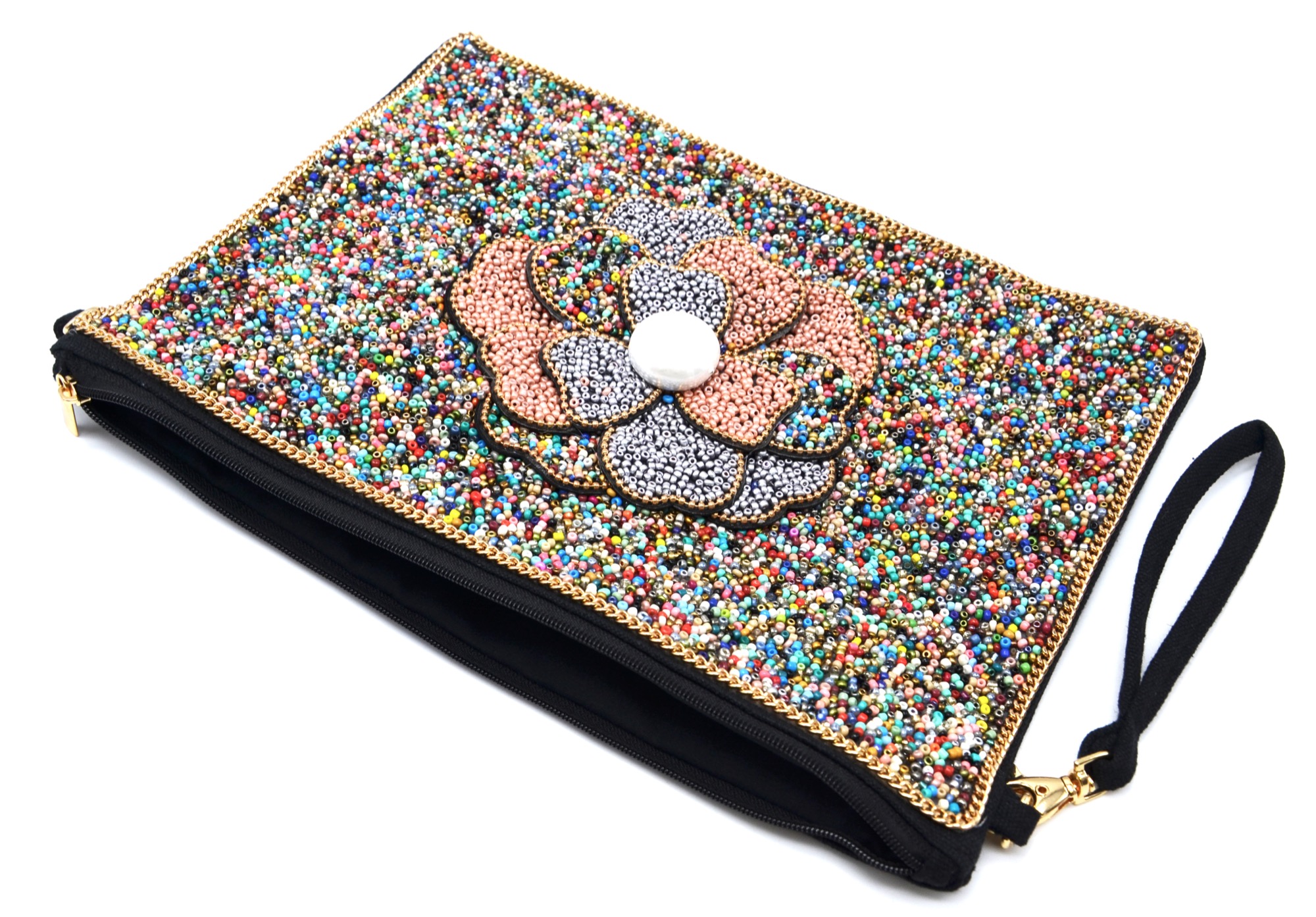 Grande-Pochette-Sac-Rectangle-avec-Fleur-Multi-Couches-Perles-Rocaille-Multicolore