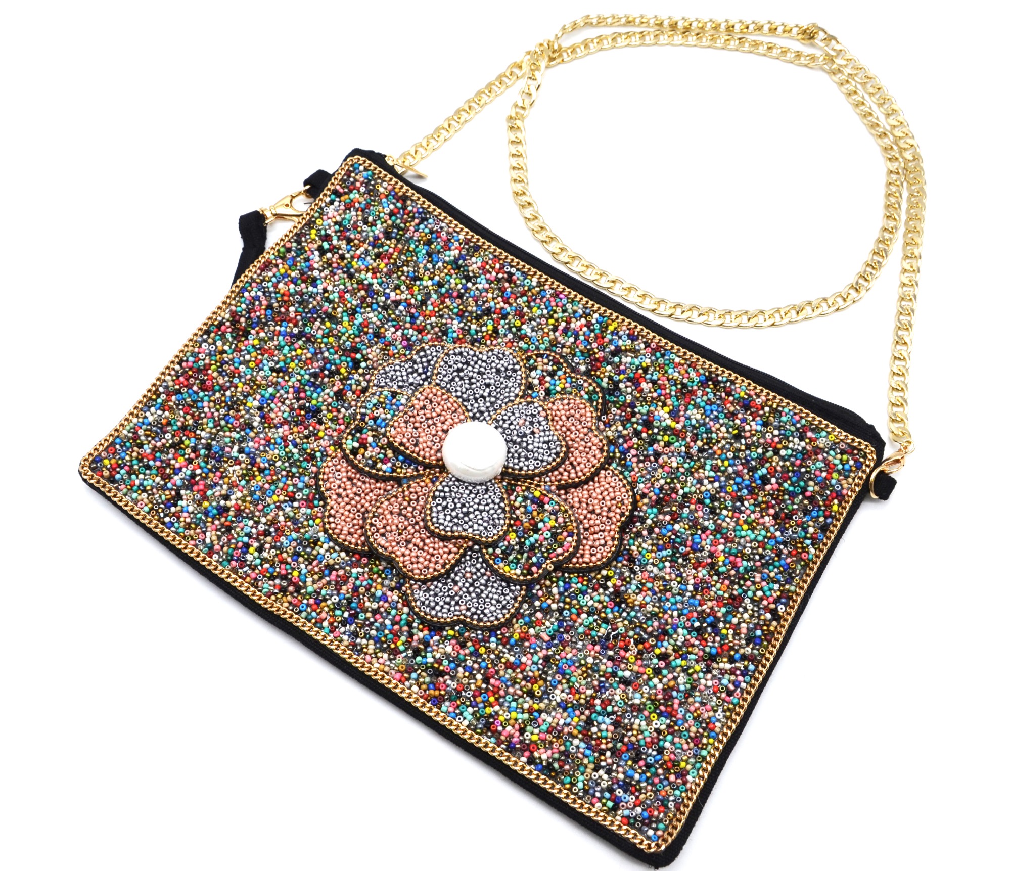 Grande-Pochette-Sac-Rectangle-avec-Fleur-Multi-Couches-Perles-Rocaille-Multicolore