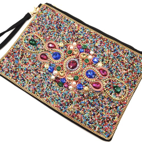 Grande-Pochette-Sac-Rectangle-avec-Motif-Pierres-et-Perles-Rocaille-Multicolore