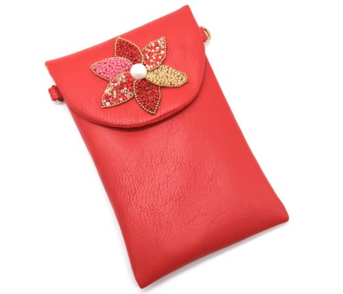 Mini-Pochette-Sac-Bandouliere-Simili-Cuir-Rouge-avec-Fleur-Petales-Perles-Rocaille