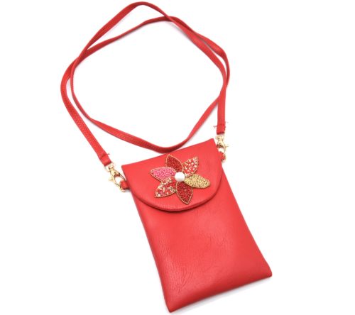 Mini-Pochette-Sac-Bandouliere-Simili-Cuir-Rouge-avec-Fleur-Petales-Perles-Rocaille