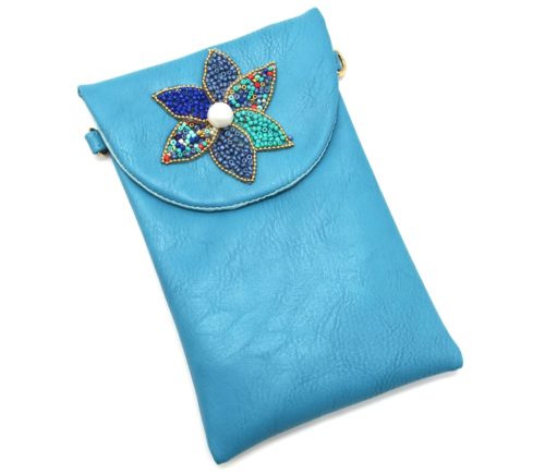 Mini-Pochette-Sac-Bandouliere-Simili-Cuir-Bleu-avec-Fleur-Petales-Perles-Rocaille