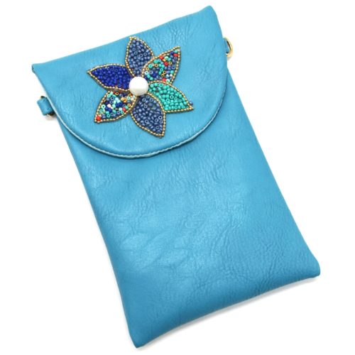 Mini-Pochette-Sac-Bandouliere-Simili-Cuir-Bleu-avec-Fleur-Petales-Perles-Rocaille