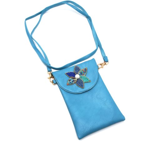 Mini-Pochette-Sac-Bandouliere-Simili-Cuir-Bleu-avec-Fleur-Petales-Perles-Rocaille