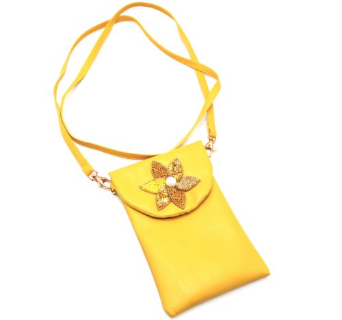 Mini-Pochette-Sac-Bandouliere-Simili-Cuir-Jaune-avec-Fleur-Petales-Perles-Rocaille