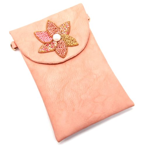 Mini-Pochette-Sac-Bandouliere-Simili-Cuir-Rose-avec-Fleur-Petales-Perles-Rocaille