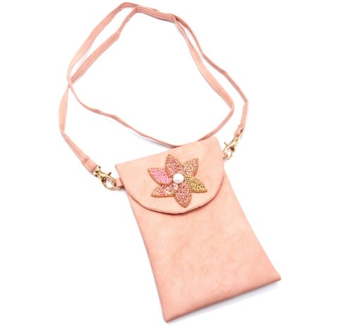 Mini-Pochette-Sac-Bandouliere-Simili-Cuir-Rose-avec-Fleur-Petales-Perles-Rocaille