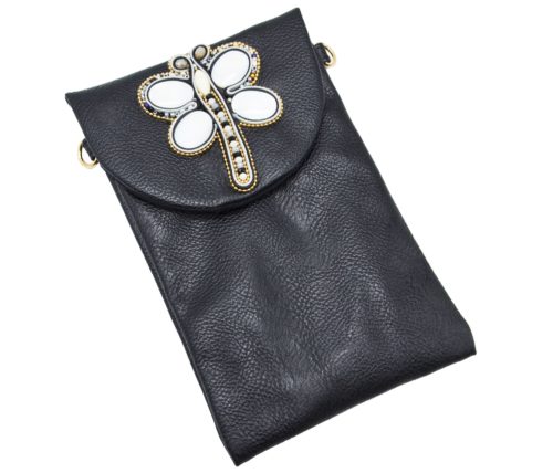 Mini-Pochette-Sac-Bandouliere-Simili-Cuir-Noir-avec-Libellule-Nacre-Pierres-Perles-Rocaille