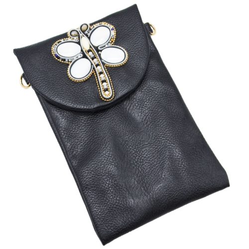 Mini-Pochette-Sac-Bandouliere-Simili-Cuir-Noir-avec-Libellule-Nacre-Pierres-Perles-Rocaille