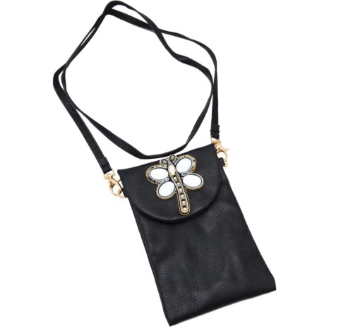 Mini-Pochette-Sac-Bandouliere-Simili-Cuir-Noir-avec-Libellule-Nacre-Pierres-Perles-Rocaille