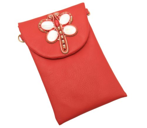 Mini-Pochette-Sac-Bandouliere-Simili-Cuir-Rouge-avec-Libellule-Nacre-Pierres-Perles-Rocaille