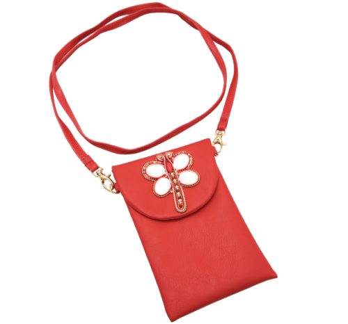 Mini-Pochette-Sac-Bandouliere-Simili-Cuir-Rouge-avec-Libellule-Nacre-Pierres-Perles-Rocaille