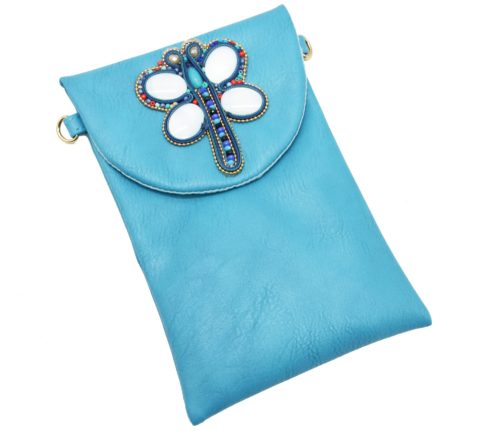 Mini-Pochette-Sac-Bandouliere-Simili-Cuir-Bleu-avec-Libellule-Nacre-Pierres-Perles-Rocaille