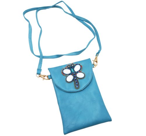 Mini-Pochette-Sac-Bandouliere-Simili-Cuir-Bleu-avec-Libellule-Nacre-Pierres-Perles-Rocaille