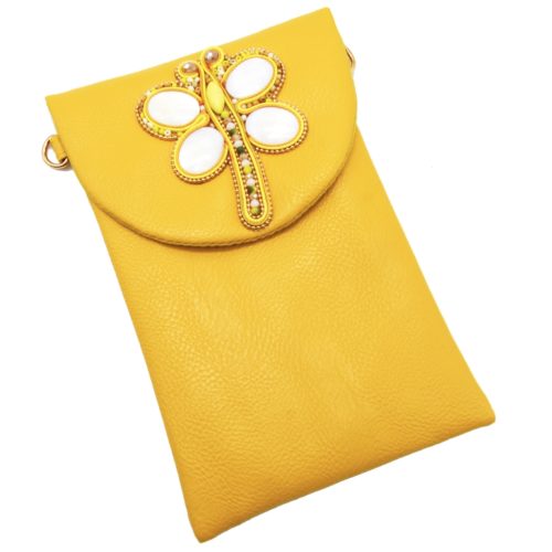 Mini-Pochette-Sac-Bandouliere-Simili-Cuir-Jaune-avec-Libellule-Nacre-Pierres-Perles-Rocaille