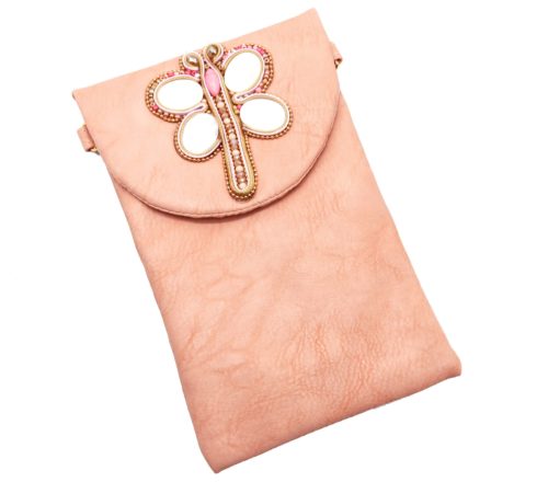 Mini-Pochette-Sac-Bandouliere-Simili-Cuir-Rose-avec-Libellule-Nacre-Pierres-Perles-Rocaille