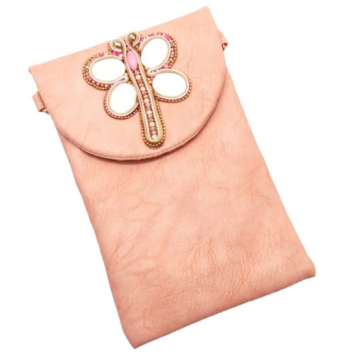 Mini-Pochette-Sac-Bandouliere-Simili-Cuir-Rose-avec-Libellule-Nacre-Pierres-Perles-Rocaille