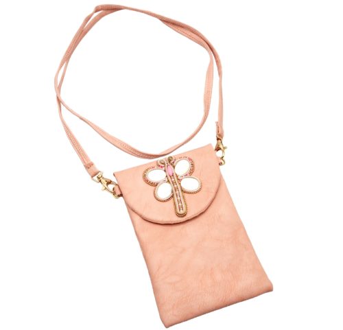 Mini-Pochette-Sac-Bandouliere-Simili-Cuir-Rose-avec-Libellule-Nacre-Pierres-Perles-Rocaille