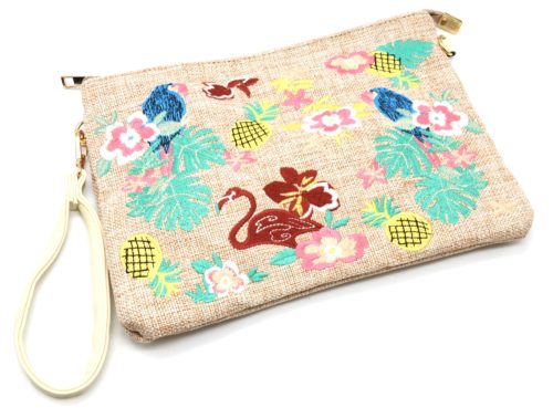 Pochette-Sac-Effet-Jean-Denim-Beige-avec-Motifs-Exotiques-Fleurs-Feuilles