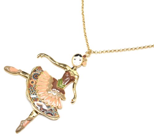 Sautoir-Collier-Pendentif-Poupee-Danseuse-Robe-Froufrous-Email-Marron-et-Metal-Dore