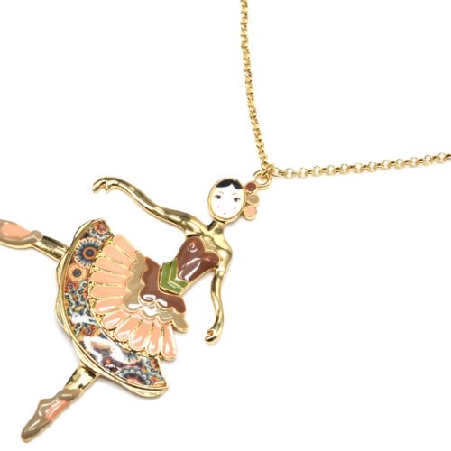 Sautoir-Collier-Pendentif-Poupee-Danseuse-Robe-Froufrous-Email-Marron-et-Metal-Dore