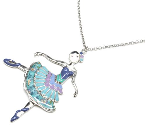 Sautoir-Collier-Pendentif-Poupee-Danseuse-Robe-Froufrous-Email-Bleu-et-Metal-Argente