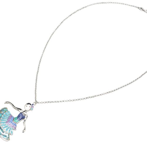 Sautoir-Collier-Pendentif-Poupee-Danseuse-Robe-Froufrous-Email-Bleu-et-Metal-Argente