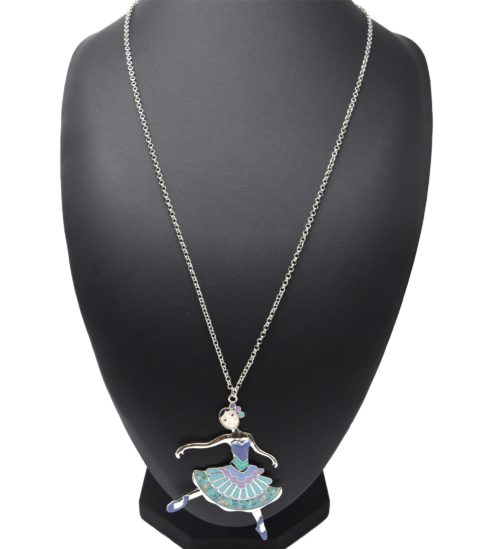 Sautoir-Collier-Pendentif-Poupee-Danseuse-Robe-Froufrous-Email-Bleu-et-Metal-Argente