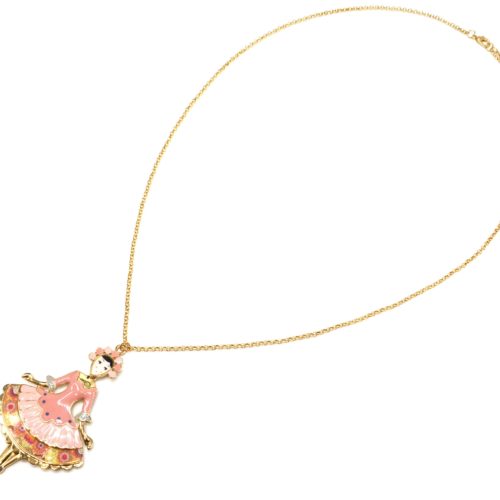 Sautoir-Collier-Pendentif-Poupee-Robe-Marquise-Email-Rose-et-Metal-Dore