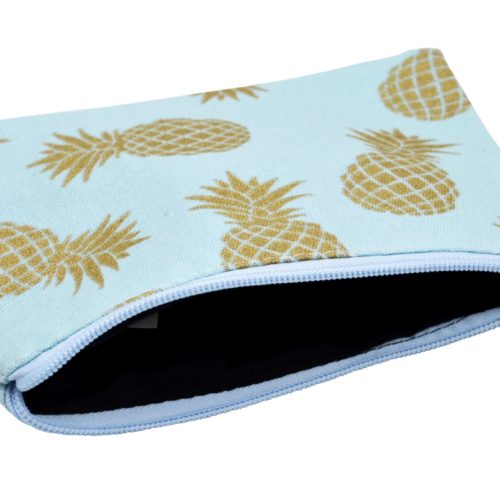 Trousse-Pochette-Rangement-Tissu-Bleu-Imprime-Ananas-Dore