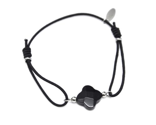 Bracelet-Cordon-Elastique-avec-Charm-Trefle-Noir-et-Perles-Acier-Argente