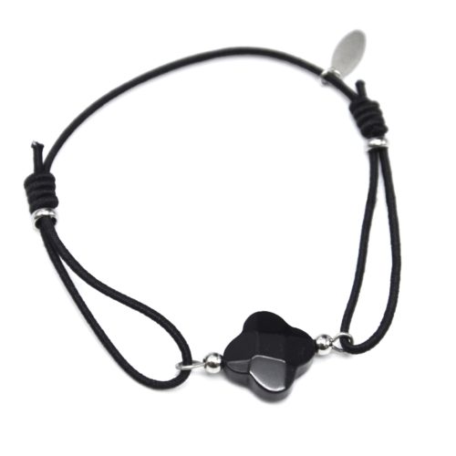 Bracelet-Cordon-Elastique-avec-Charm-Trefle-Noir-et-Perles-Acier-Argente