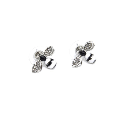 Boucles-dOreilles-Abeille-Rayures-Noir-Blanc-avec-Ailes-Strass-Argente