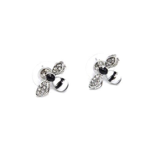 Boucles-dOreilles-Abeille-Rayures-Noir-Blanc-avec-Ailes-Strass-Argente