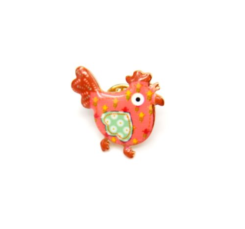 Mini-Broche-Pins-Poule-Motif-Fleuri-Corail-et-Metal-Dore