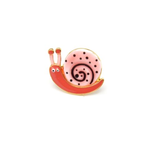 Mini-Broche-Pins-Escargot-Motif-Pois-Rose-Corail-et-Metal-Dore