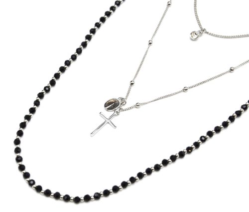 Collier-Multi-Rangs-Chaines-Metal-Argente-avec-Perles-Noires-Croix-et-Pierre