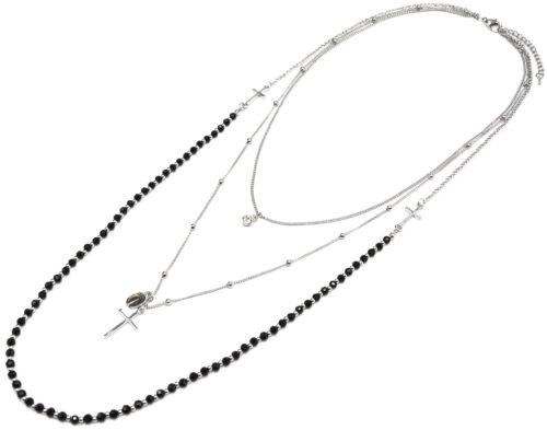 Collier-Multi-Rangs-Chaines-Metal-Argente-avec-Perles-Noires-Croix-et-Pierre