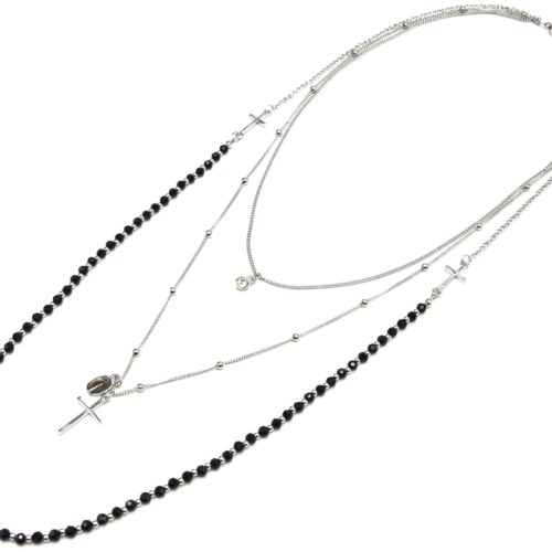 Collier-Multi-Rangs-Chaines-Metal-Argente-avec-Perles-Noires-Croix-et-Pierre