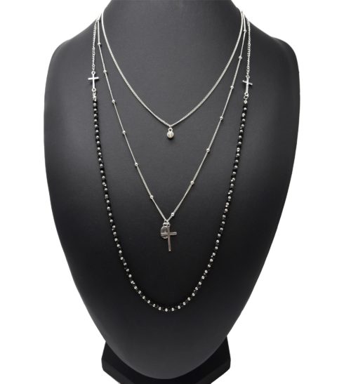 Collier-Multi-Rangs-Chaines-Metal-Argente-avec-Perles-Noires-Croix-et-Pierre